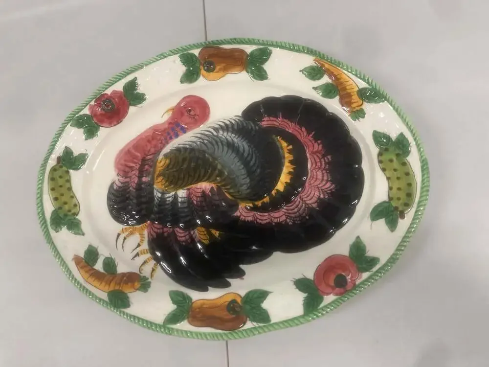 Vintage Hand-Painted Embossed Ceramic Turkey Thanksgiving Serving Platter